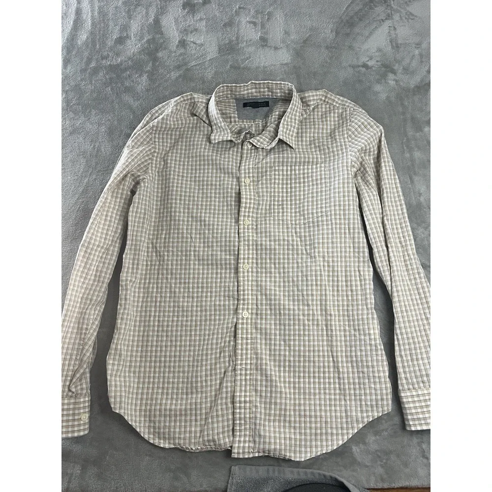 Banana Republic Mens Shirt Large Tan White Check Soft Wash Button Down Slim